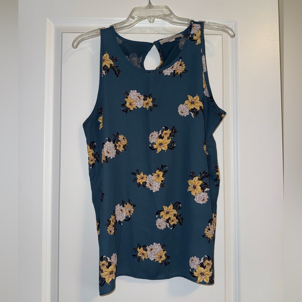LOFT Sleeveless Blouse, Dark Teal, Green and Yellow floral design - Size L